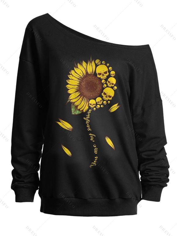 Sweat-shirt gothique à col oblique et imprimé tête de mort et tournesol - Noir S | US 4