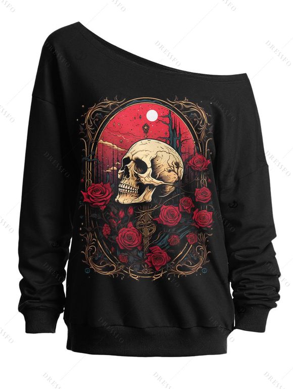 Sweat-shirt gothique pour Halloween, imprimé miroir tête de mort rose, col incliné - Noir M | US 6