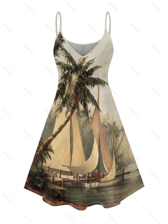 Robe de vacances à imprimé cocotier et mini-robe à bretelles spaghetti - Vert S | US 4