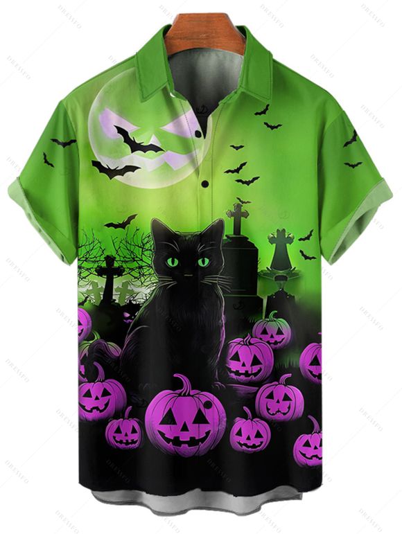 Chemise d'Halloween pour homme, imprimé chat, citrouille, chauve-souris, boutonnée, style gothique - multicolor 4XL