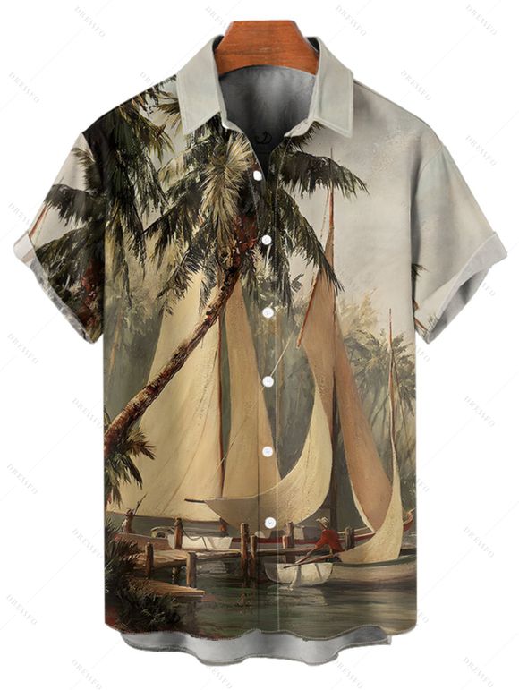 Chemise de vacances pour homme, boutonnée, imprimé cocotier et bateau - Vert M