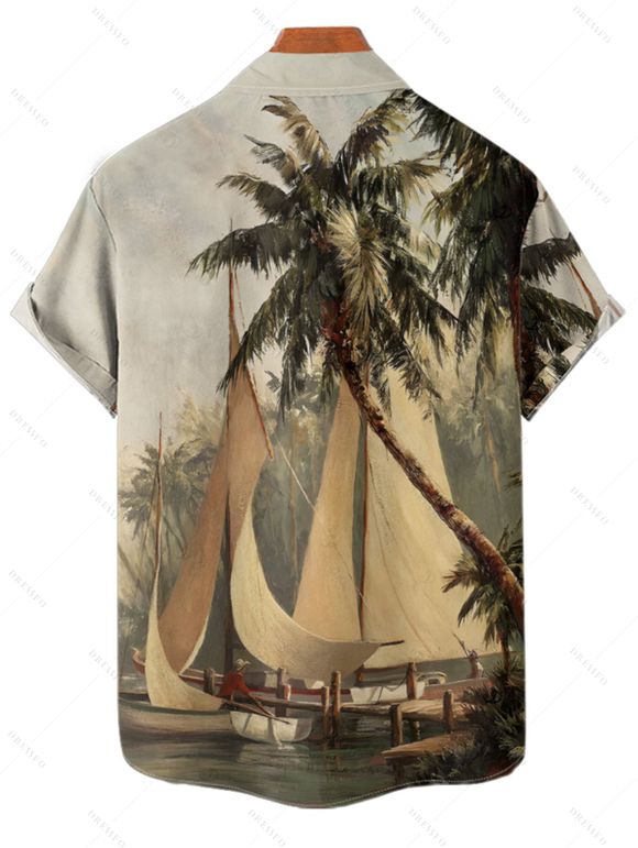 Chemise de vacances pour homme, boutonnée, imprimé cocotier et bateau - Vert 2XL