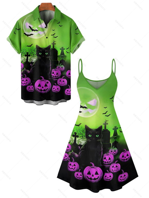 Halloween Couple Outfit Cat Pumpkin Bat Print Mini Dress and Shirt Set - multicolor S | US 4