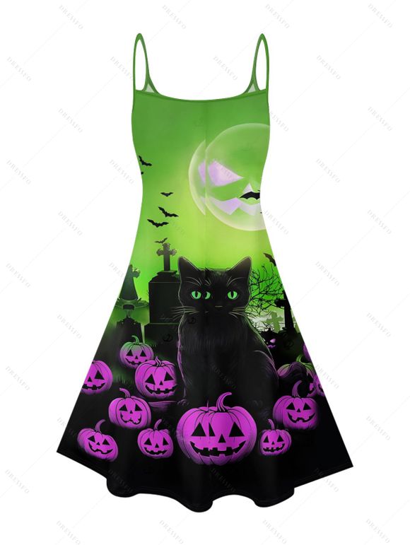 Halloween Couple Outfit Cat Pumpkin Bat Print Mini Dress and Shirt Set - multicolor S | US 4