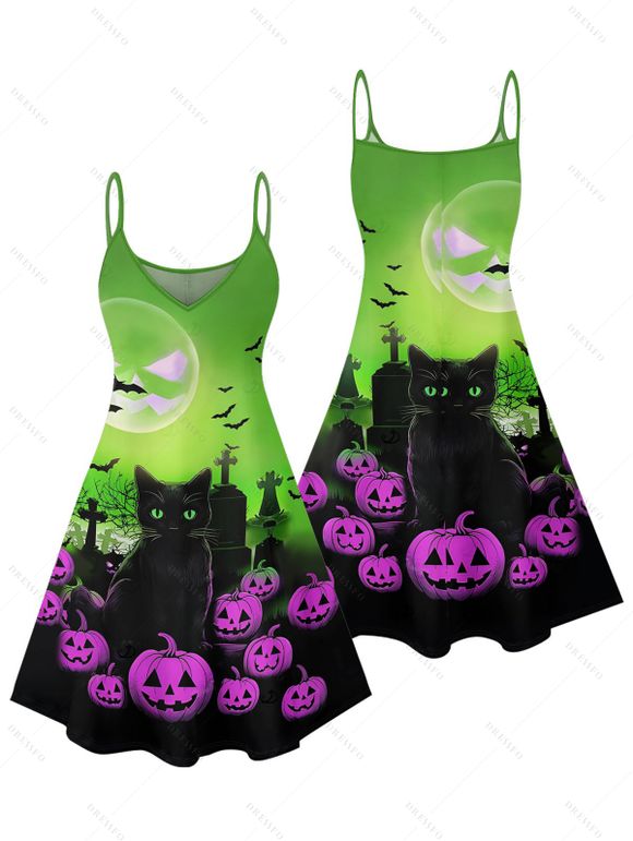 Halloween Couple Outfit Cat Pumpkin Bat Print Mini Dress and Shirt Set - multicolor S | US 4