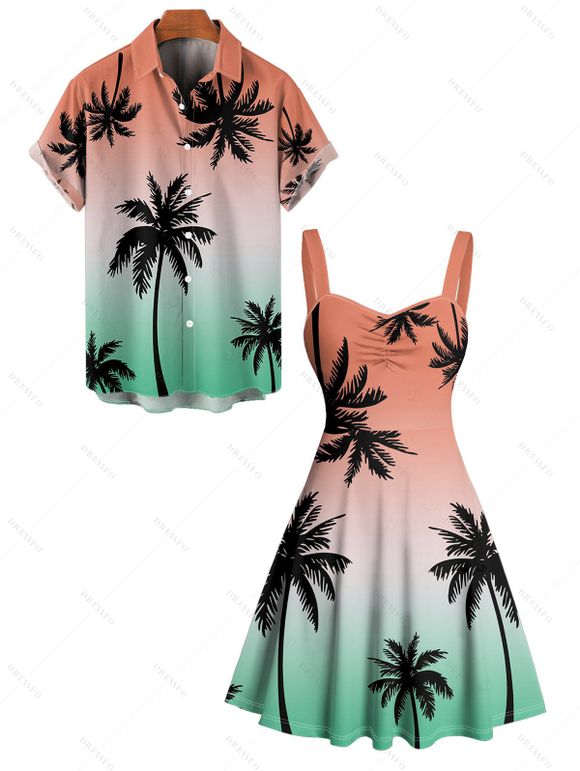 Beach Couple Outfit Coconut Tree Print Ombre Ruched Mini Dress and Shirt Set - multicolor S | US 4