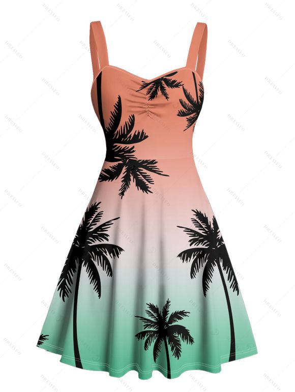 Beach Couple Outfit Coconut Tree Print Ombre Ruched Mini Dress and Shirt Set - multicolor S | US 4