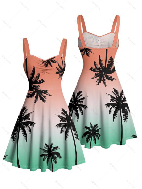 Beach Couple Outfit Coconut Tree Print Ombre Ruched Mini Dress and Shirt Set - multicolor S | US 4