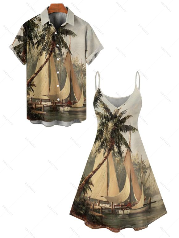 Vacation Couple Outfit Coconut Tree Ship Print Mini Dress and Shirt Set - Vert S | US 4