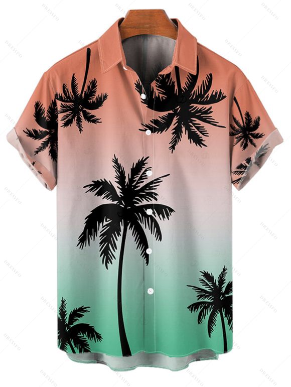 Beach Couple Outfit Coconut Tree Print Ombre Ruched Mini Dress and Shirt Set - multicolor S | US 4