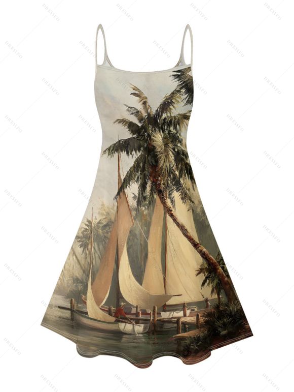 Vacation Couple Outfit Coconut Tree Ship Print Mini Dress and Shirt Set - Vert S | US 4