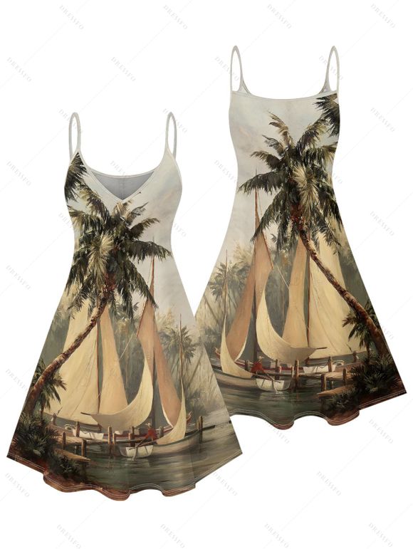 Vacation Couple Outfit Coconut Tree Ship Print Mini Dress and Shirt Set - Vert S | US 4