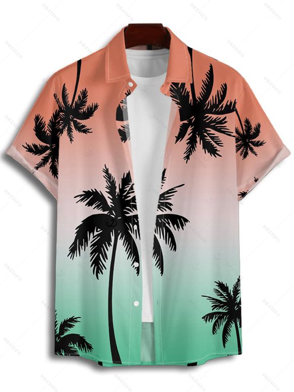 Beach Couple Outfit Coconut Tree Print Ombre Ruched Mini Dress and Shirt Set - multicolor S | US 4