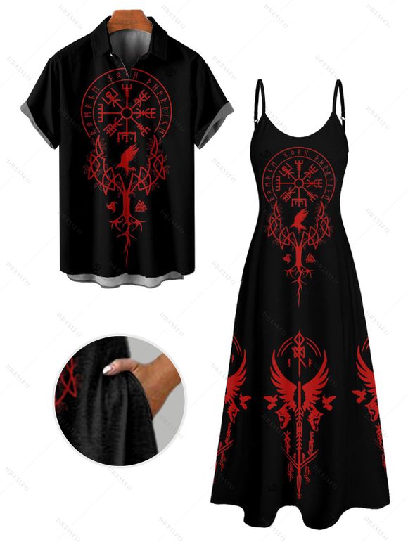 Gothic Couple Outfit Clock Geometric Print Pocket Long Dress and Shirt Set - Noir S | US 4