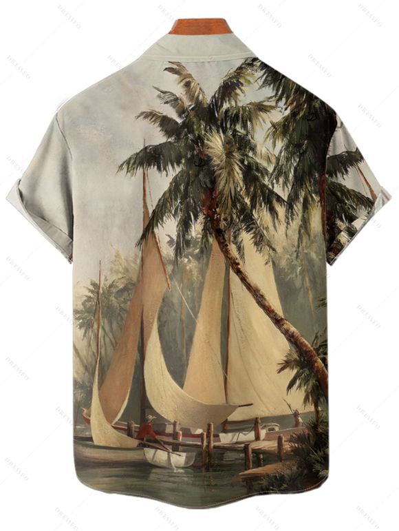 Vacation Couple Outfit Coconut Tree Ship Print Mini Dress and Shirt Set - Vert S | US 4