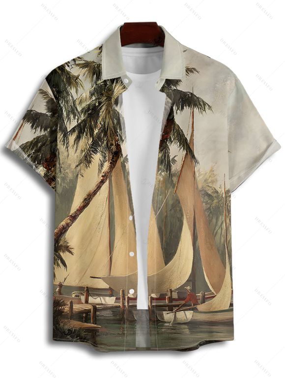 Vacation Couple Outfit Coconut Tree Ship Print Mini Dress and Shirt Set - Vert S | US 4