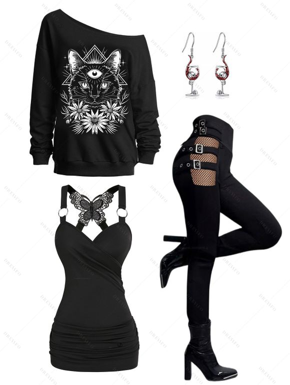 Gothic Outfit Cat Floral Print Sweatshirt Tank Top and Buckle Pants Earrings Set for Halloween - Noir S | US 4