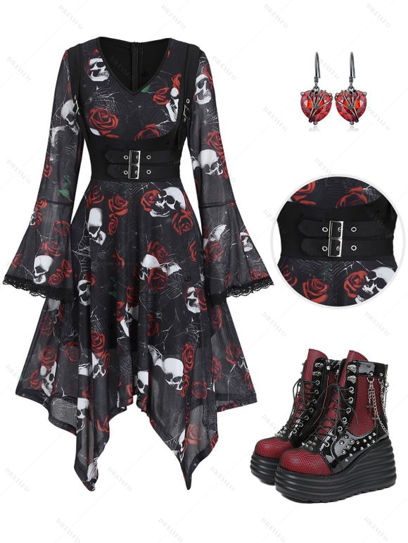 Gothic Outfit Skulls Rose Print Lace Dress and Rivet Boots Skeleton Earrings Set - Noir S | US 4