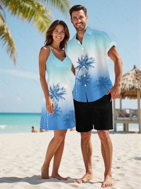 Vacation Couple Outfit Ombre Palm Tree Pattern Spaghetti Strap V Neck A Line Mini Tank Dress and Roll Up Sleeve Shirt Beach Two Piece Set - Bleu Ciel S | US 4