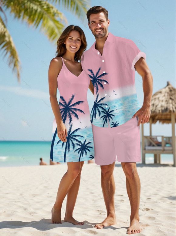 Vacation Couple Outfit Palm Tree Sea Pattern Ombre Spaghetti Strap Tank Dress and Button Up Shirt Drawstrings Shorts Beach Matching Outfit - Rose clair S | US 4