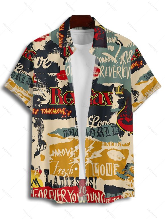 Chemise boutonnée vintage pour homme, imprimé lettres colorblock, style affiches - multicolor 3XL