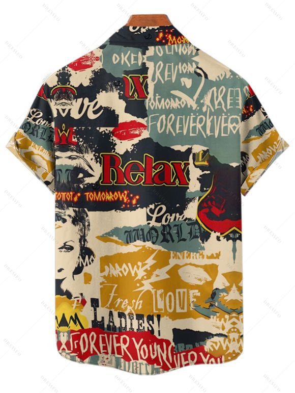 Chemise boutonnée vintage pour homme, imprimé lettres colorblock, style affiches - multicolor 3XL