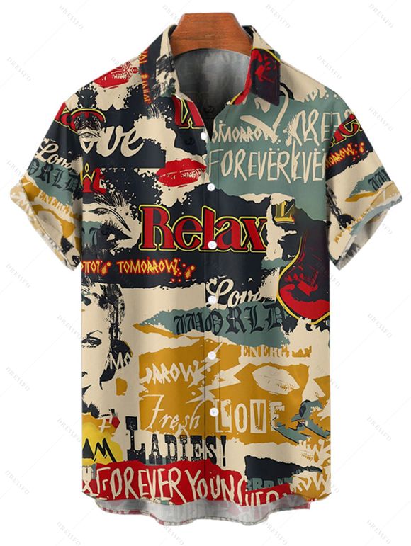 Chemise boutonnée vintage pour homme, imprimé lettres colorblock, style affiches - multicolor 4XL