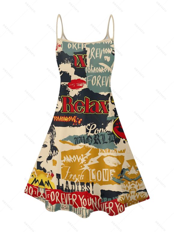 Robe vintage à imprimé mini-robe colorblock avec lettres et affiches - multicolor XXXXL | US 18