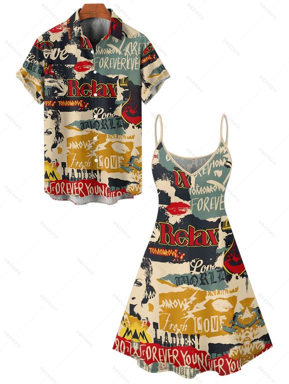 Vintage Couple Outfit Colorblock Letter Posters Style Print Mini Dress and Shirt Set - multicolor S | US 4