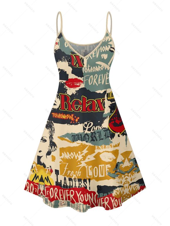 Vintage Couple Outfit Colorblock Letter Posters Style Print Mini Dress and Shirt Set - multicolor S | US 4