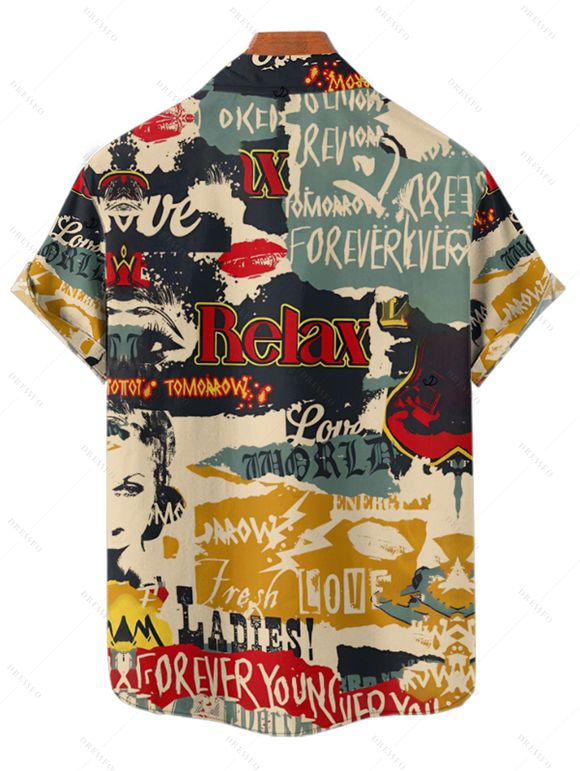 Vintage Couple Outfit Colorblock Letter Posters Style Print Mini Dress and Shirt Set - multicolor S | US 4