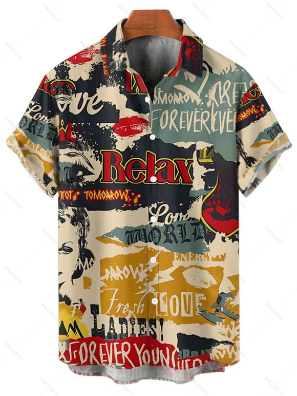 Vintage Couple Outfit Colorblock Letter Posters Style Print Mini Dress and Shirt Set - multicolor S | US 4