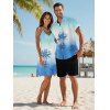 Vacation Couple Outfit Ombre Palm Tree Pattern Spaghetti Strap V Neck A Line Mini Tank Dress and Roll Up Sleeve Shirt Beach Two Piece Set - Bleu Ciel S | US 4