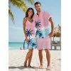 Vacation Couple Outfit Palm Tree Sea Pattern Ombre Spaghetti Strap Tank Dress and Button Up Shirt Drawstrings Shorts Beach Matching Outfit - Rose clair S | US 4