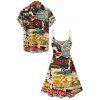 Vintage Couple Outfit Colorblock Letter Posters Style Print Mini Dress and Shirt Set - multicolor S | US 4
