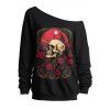 Sweat-shirt gothique pour Halloween, imprimé miroir tête de mort rose, col incliné - Noir M | US 6