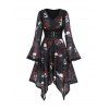 Gothic Outfit Skulls Rose Print Lace Dress and Rivet Boots Skeleton Earrings Set - Noir S | US 4