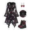 Gothic Outfit Skulls Rose Print Lace Dress and Rivet Boots Skeleton Earrings Set - Noir S | US 4