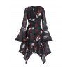 Gothic Outfit Skulls Rose Print Lace Dress and Rivet Boots Skeleton Earrings Set - Noir S | US 4