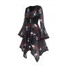 Gothic Outfit Skulls Rose Print Lace Dress and Rivet Boots Skeleton Earrings Set - Noir S | US 4