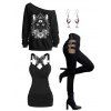 Gothic Outfit Cat Floral Print Sweatshirt Tank Top and Buckle Pants Earrings Set for Halloween - Noir S | US 4