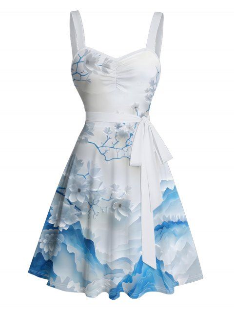 Robe de vacances à imprimé floral et montagne avec ceinture froncée