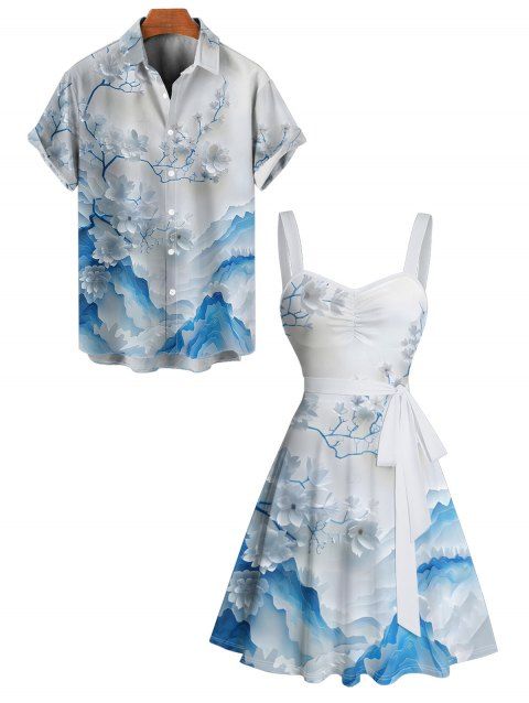 Vacation Couple Outfit Floral Mountain Print Ruched Belt Dress and Shirt Set