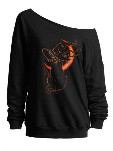 Sweat-shirt gothique pour Halloween, imprimé chat avec chapeau et lune, col incliné