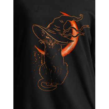 Gothic Sweatshirt for Halloween Cat with Hat Moon Print Skew Neck Sweatshirt