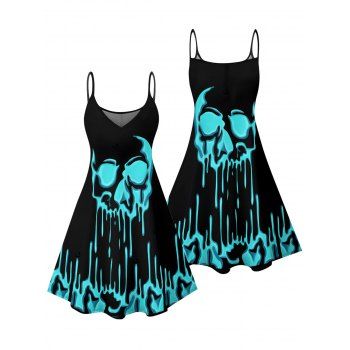 Melted Skull Print Gothic Dress Spaghetti Strap Mini Dress for Halloween