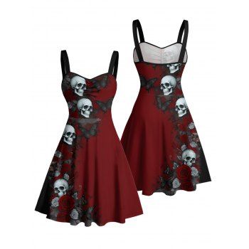 Halloween Gothic Dress Rose Skulls Butterfly Print Ruched Mini Dress