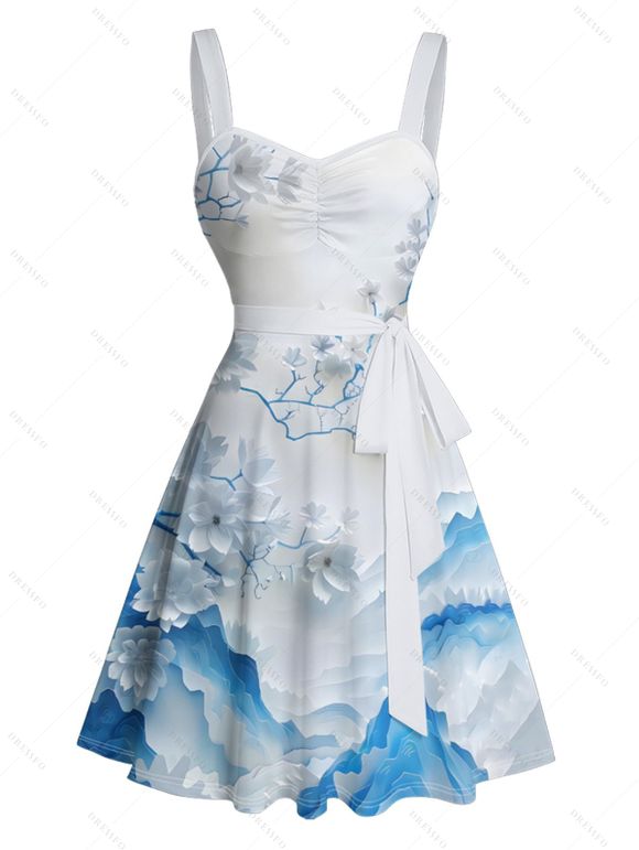 Robe de vacances à imprimé floral et montagne avec ceinture froncée - Bleu XXXXXL | US 20