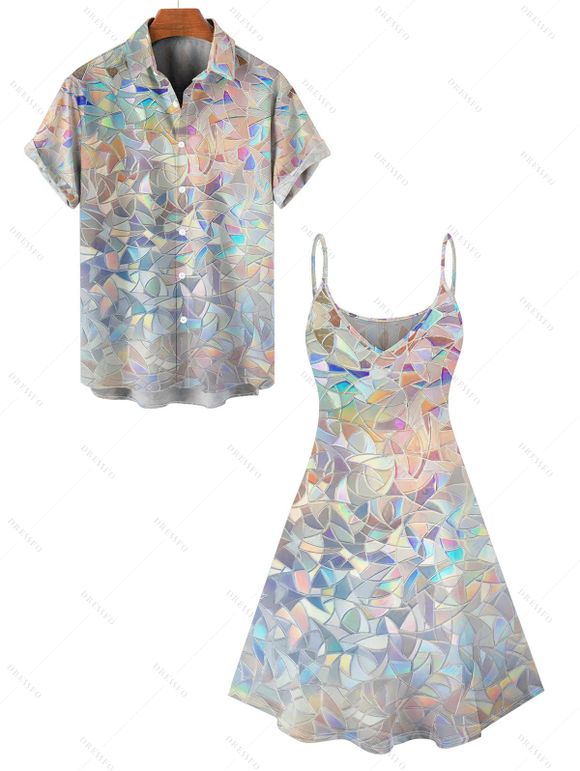 Vacation Couple Outfit Sequined Geometric Print Mini Dress and Shirt Set - multicolor S | US 4