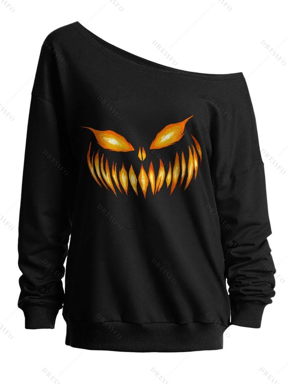 Sweat-shirt gothique pour Halloween, imprimé grimace, col incliné - Noir S | US 4
